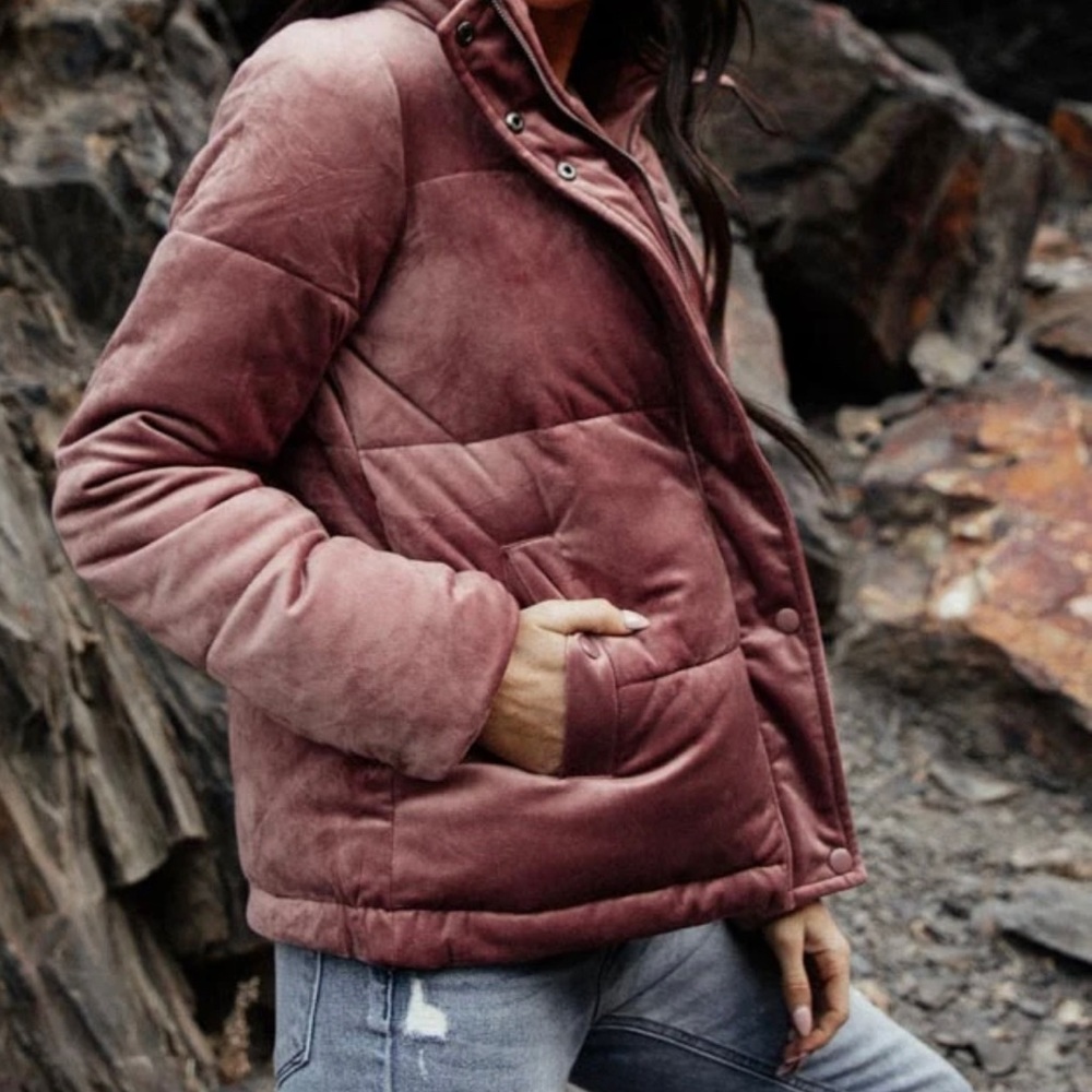 Pink velvet puffer jacket